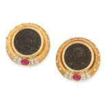 A PAIR OF ROMAN COIN, RUBY AND DIAMOND EARRINGS in 18ct yellow gold, each set with a roman coin