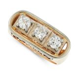 A VINTAGE DIAMOND DRESS RING in 18ct yellow gold and platinum, set with a trio of round cut diamonds