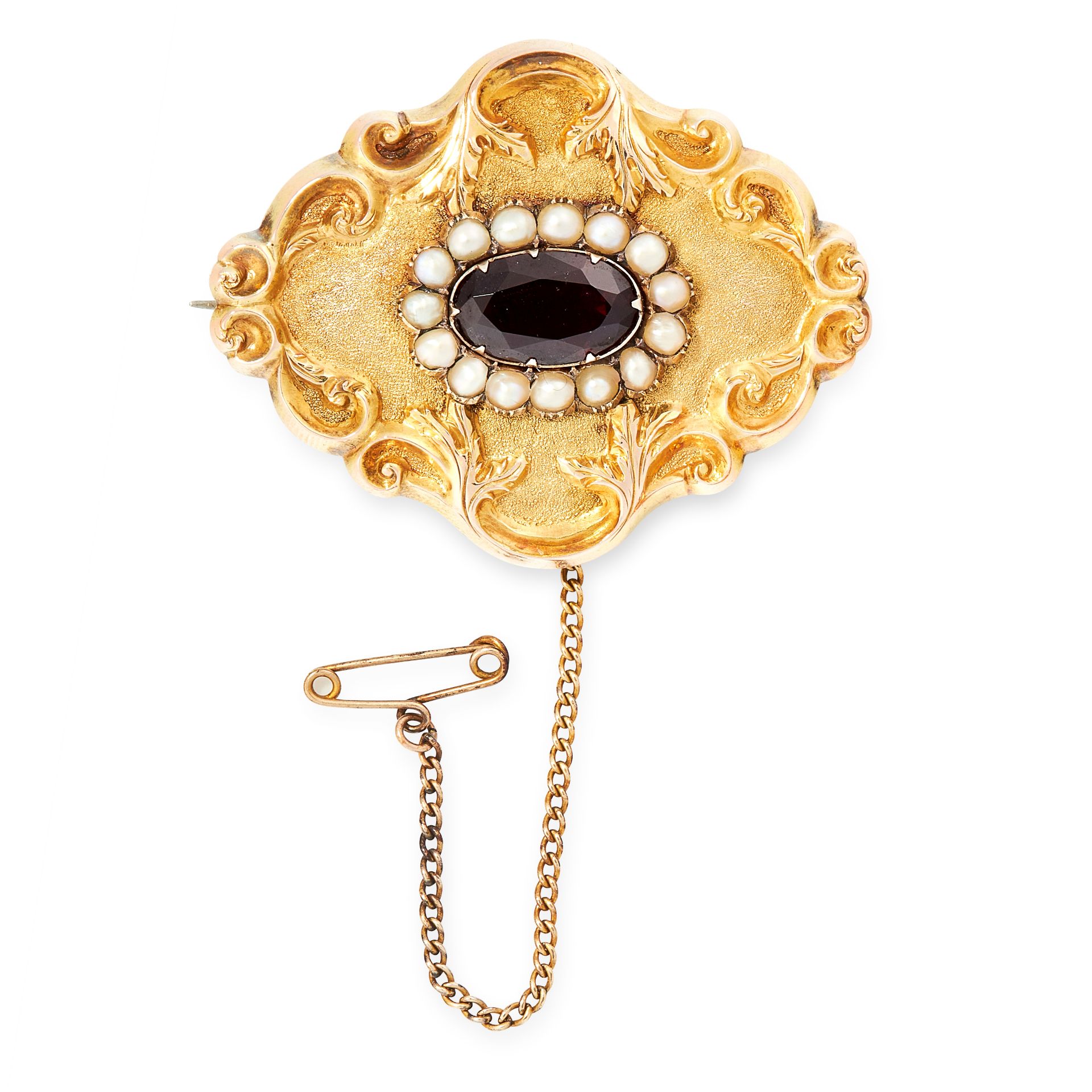AN ANTIQUE GARNET AND PEARL BROOCH, 19TH CENTURY in yellow gold, set with an oval cut garnet