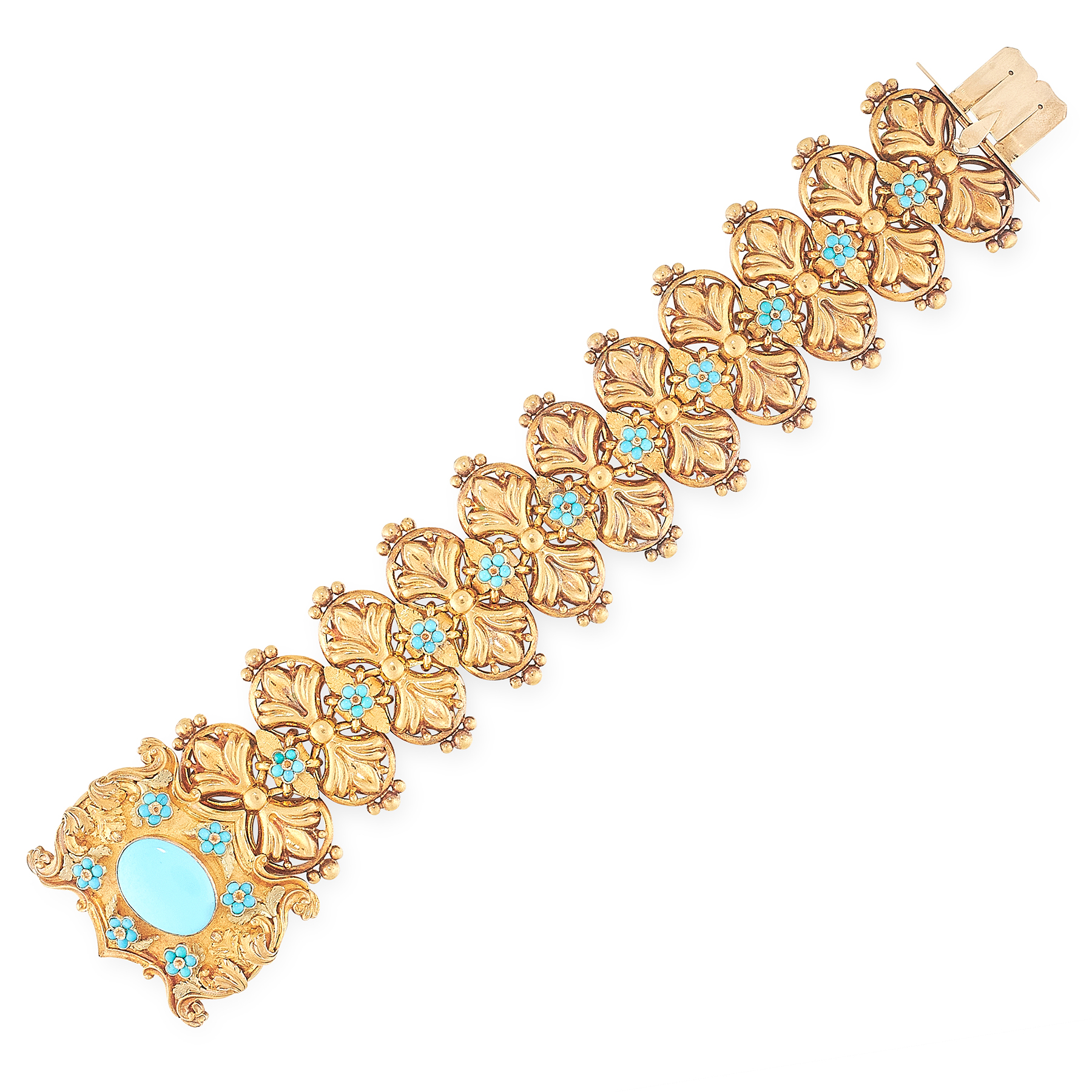 AN ANTIQUE TURQUOISE BRACELET, EARLY 19TH CENTURY in high carat yellow gold, comprising a series
