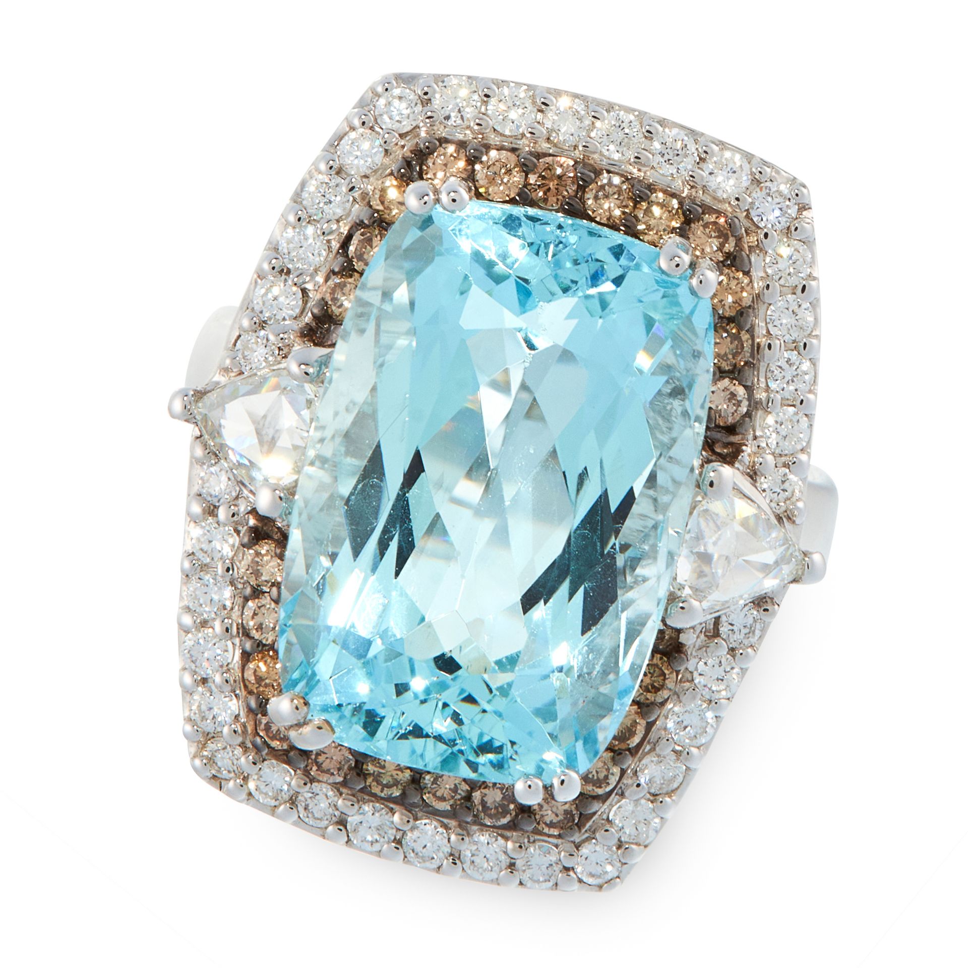 AN AQUAMARINE AND DIAMOND DRESS RING in 18ct white gold, set with a cushion cut aquamarine of 10.