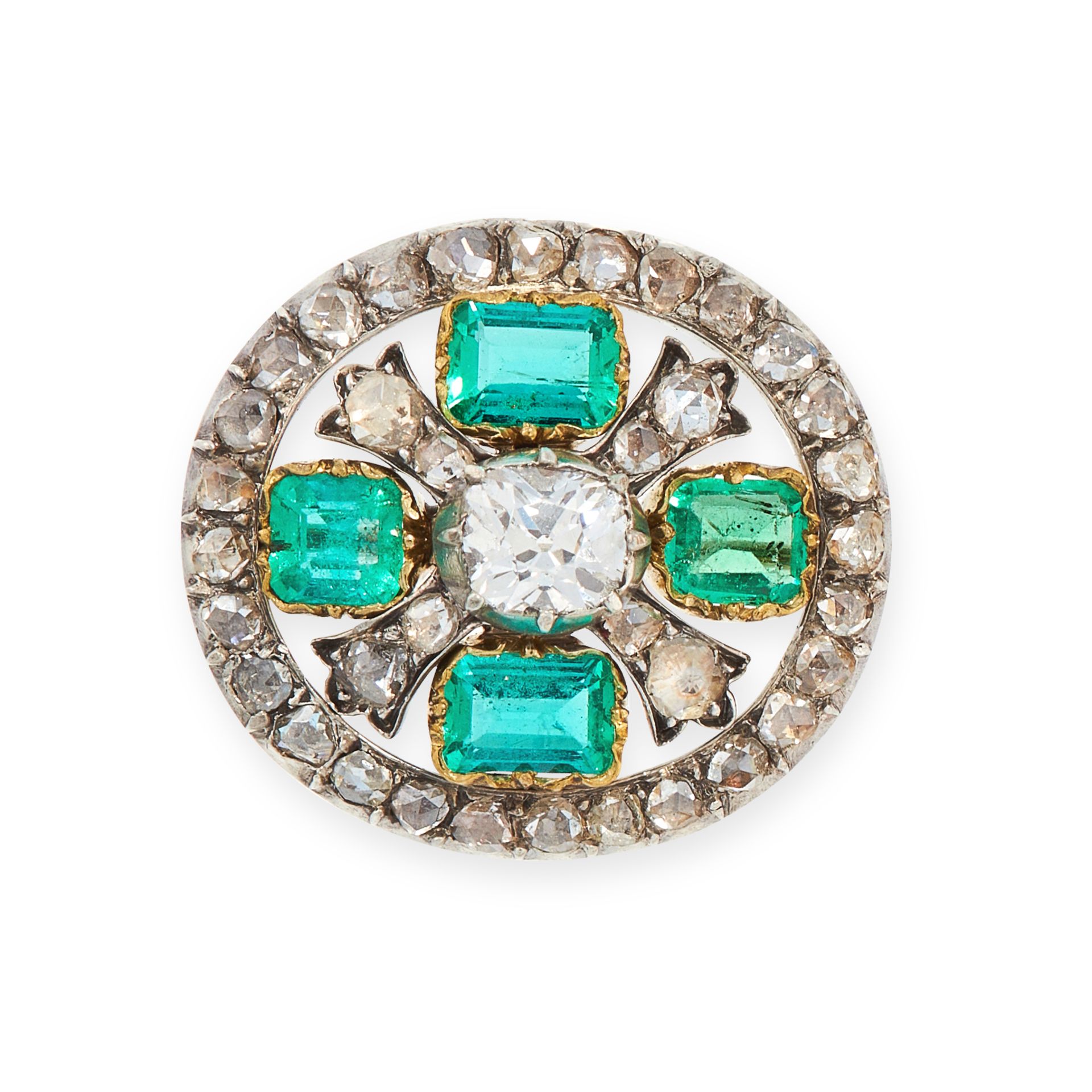 AN ANTIQUE EMERALD AND DIAMOND BROOCH, 19TH CENTURY in yellow gold and silver, set with a central