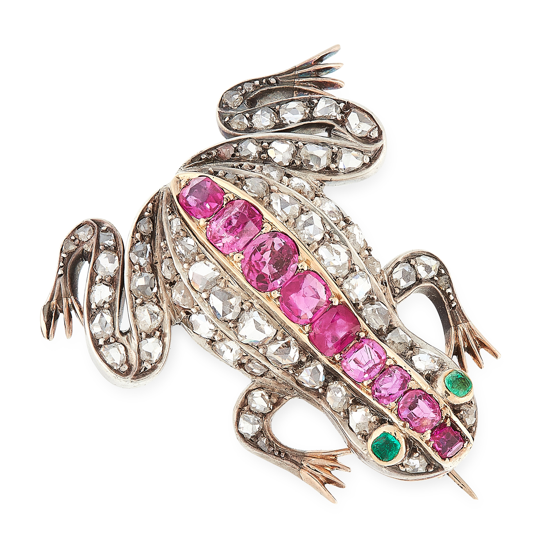 AN ANTIQUE RUBY, DIAMOND AND EMERALD FROG BROOCH in yellow gold and silver, set with cushion cut