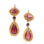 A PAIR OF ANTIQUE GARNET DROP EARRINGS, 19TH CENTURY in high carat yellow gold, each set with a pear