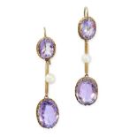 A PAIR OF ANTIQUE AMETHYST AND PEARL EARRINGS in yellow gold, each set with two graduated oval cut