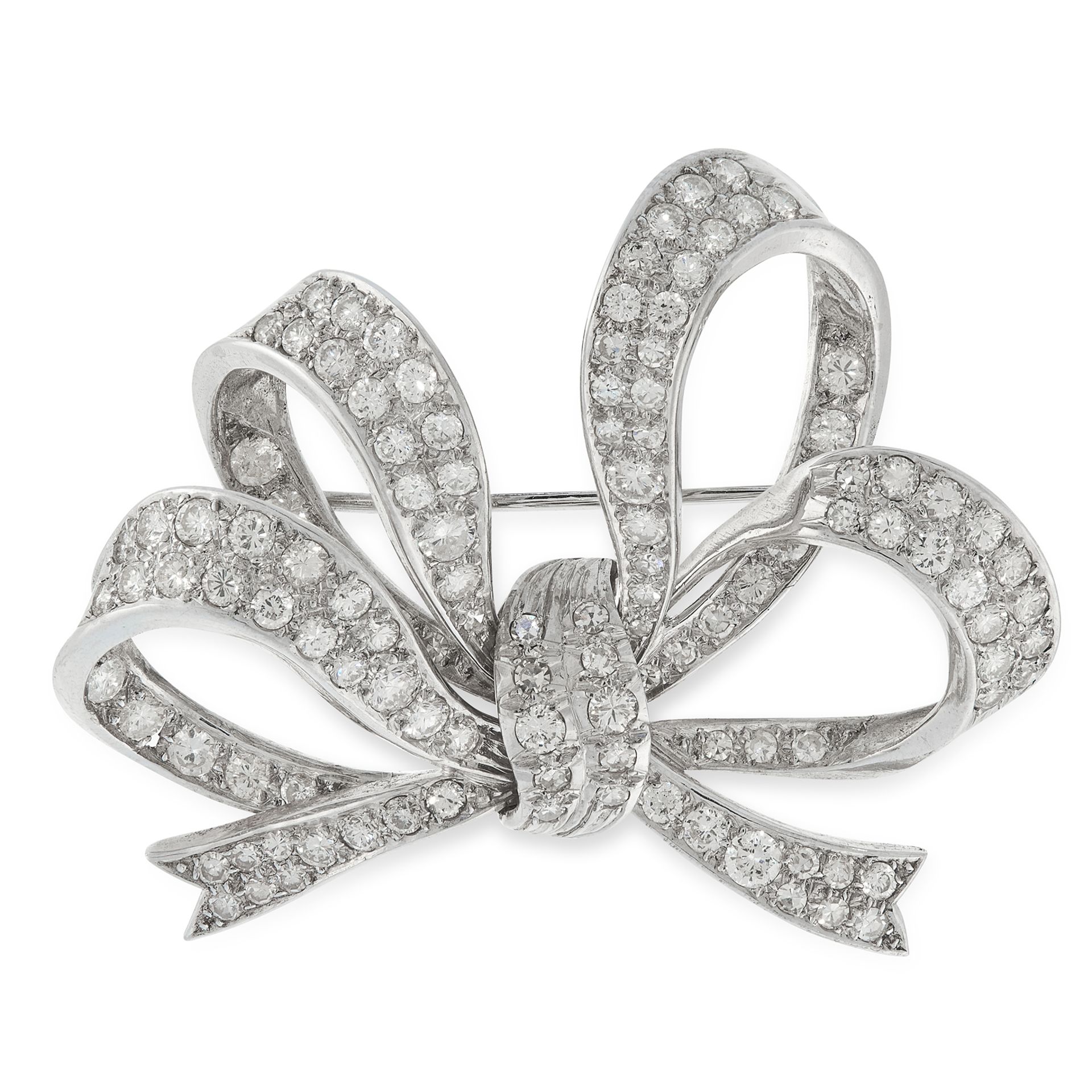 A VINTAGE DIAMOND BOW BROOCH CIRCA 1950 designed as a ribbon tied in a bow, jewelled allover with