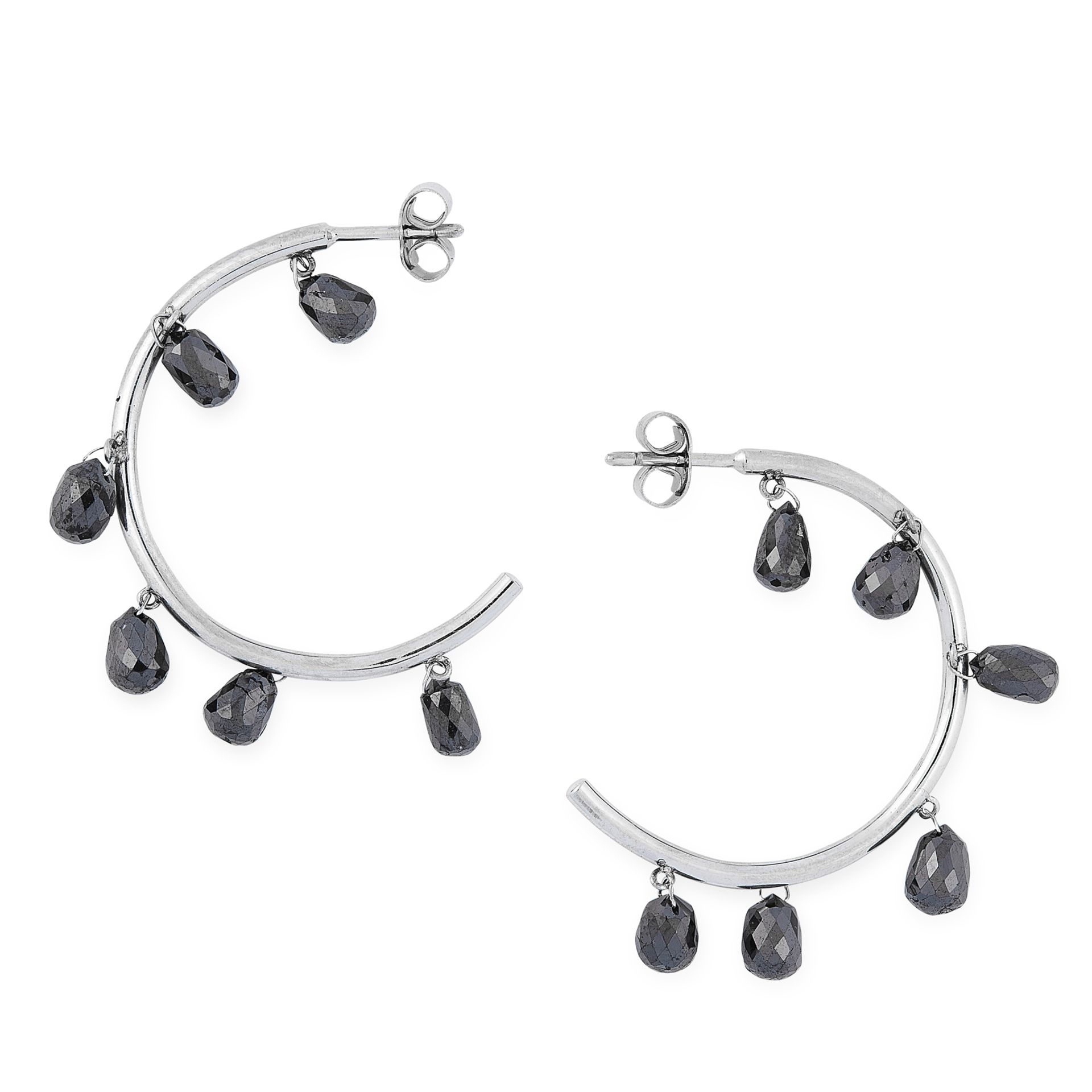 A PAIR OF BLACK DIAMOND HOOP EARRINGS in 18ct white gold, each designed as an incomplete hoop