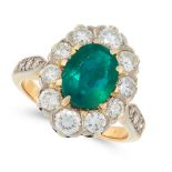 AN EMERALD AND DIAMOND DRESS RING in 18ct yellow gold, set with an oval cut emerald of 1.48 carats