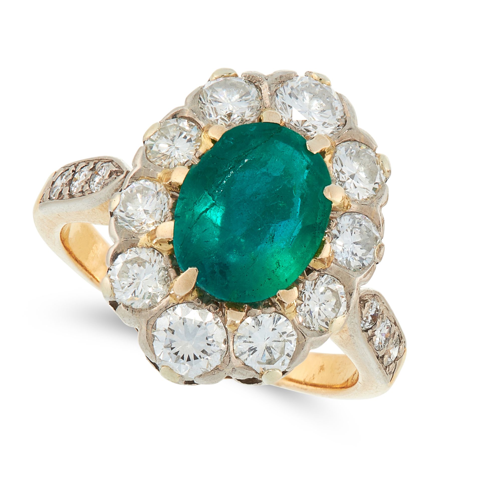 AN EMERALD AND DIAMOND DRESS RING in 18ct yellow gold, set with an oval cut emerald of 1.48 carats