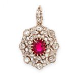 AN ANTIQUE UNHEATED RUBY AND DIAMOND PENDANT, LATE 19TH CENTURY in yellow gold and silver, set