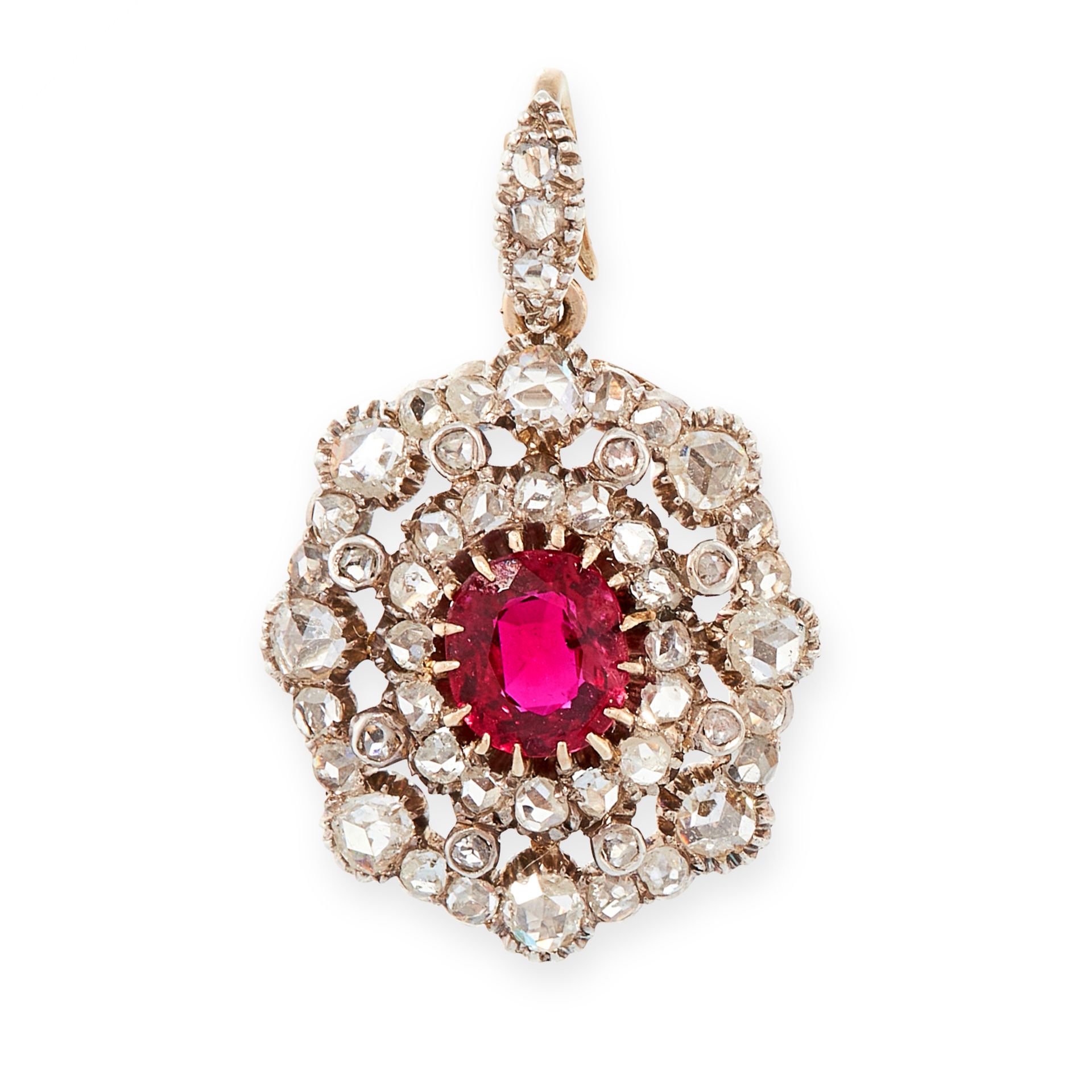 AN ANTIQUE UNHEATED RUBY AND DIAMOND PENDANT, LATE 19TH CENTURY in yellow gold and silver, set