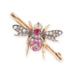 AN ANTIQUE RUBY, OPAL AND DIAMOND BUG BROOCH in yellow gold and silver, the body set with a