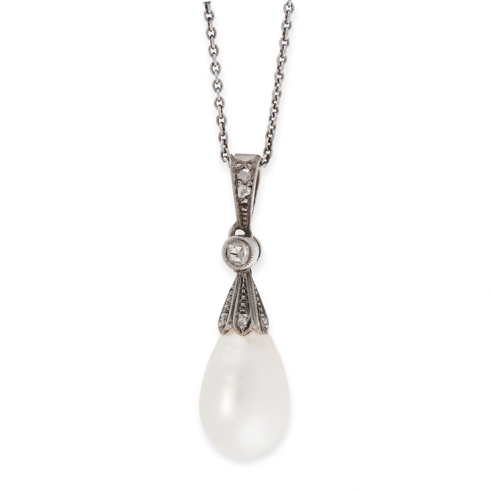 A PEARL AND DIAMOND PENDANT AND CHAIN the pendant set with a drop shaped pearl of 12.5mm, accented