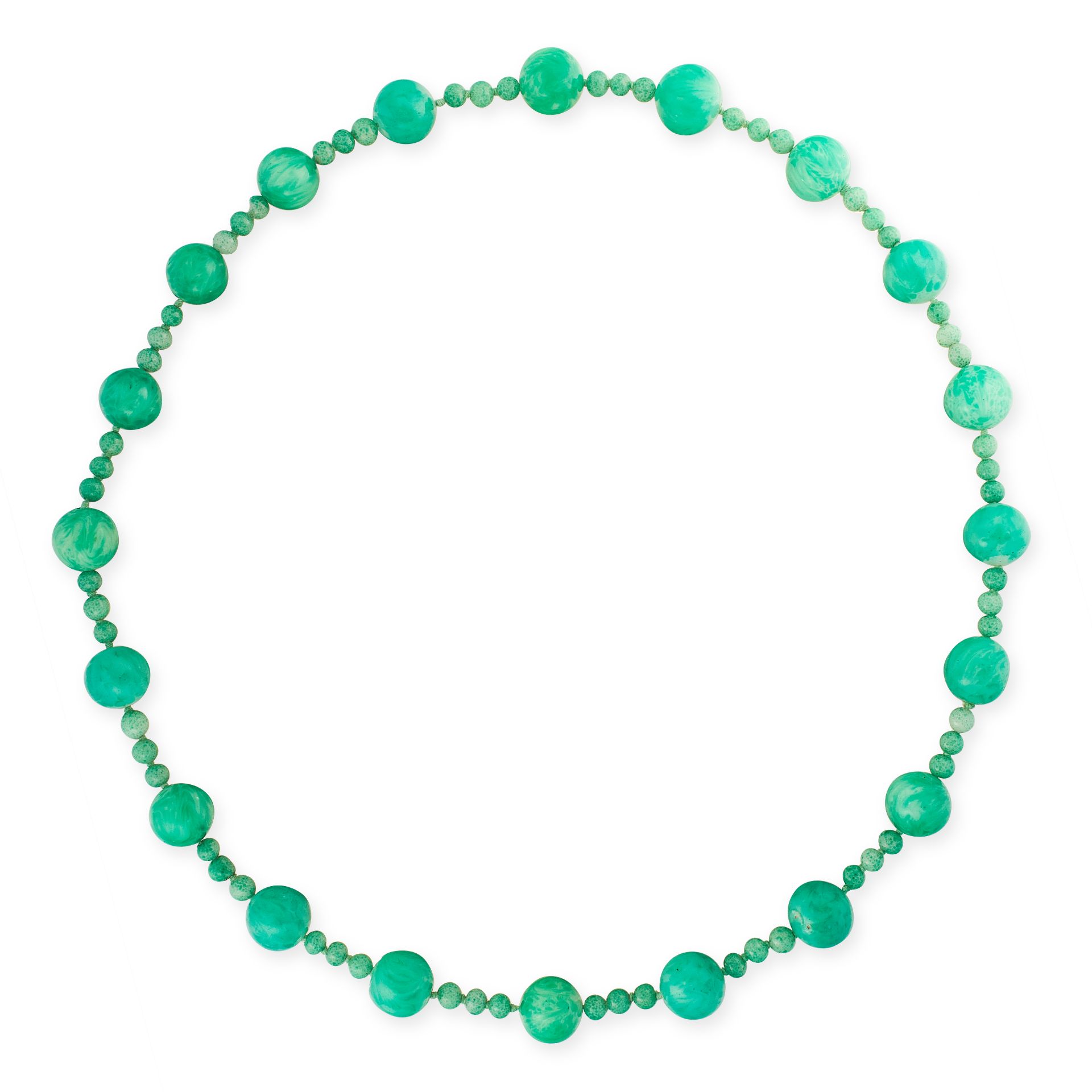 A GREEN HARDSTONE BEAD NECKLACE comprising a single row of twenty round polished green hard stone