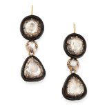 A PAIR OF ANTIQUE DIAMOND AND ENAMEL DROP EARRINGS in high carat yellow gold and silver, each set