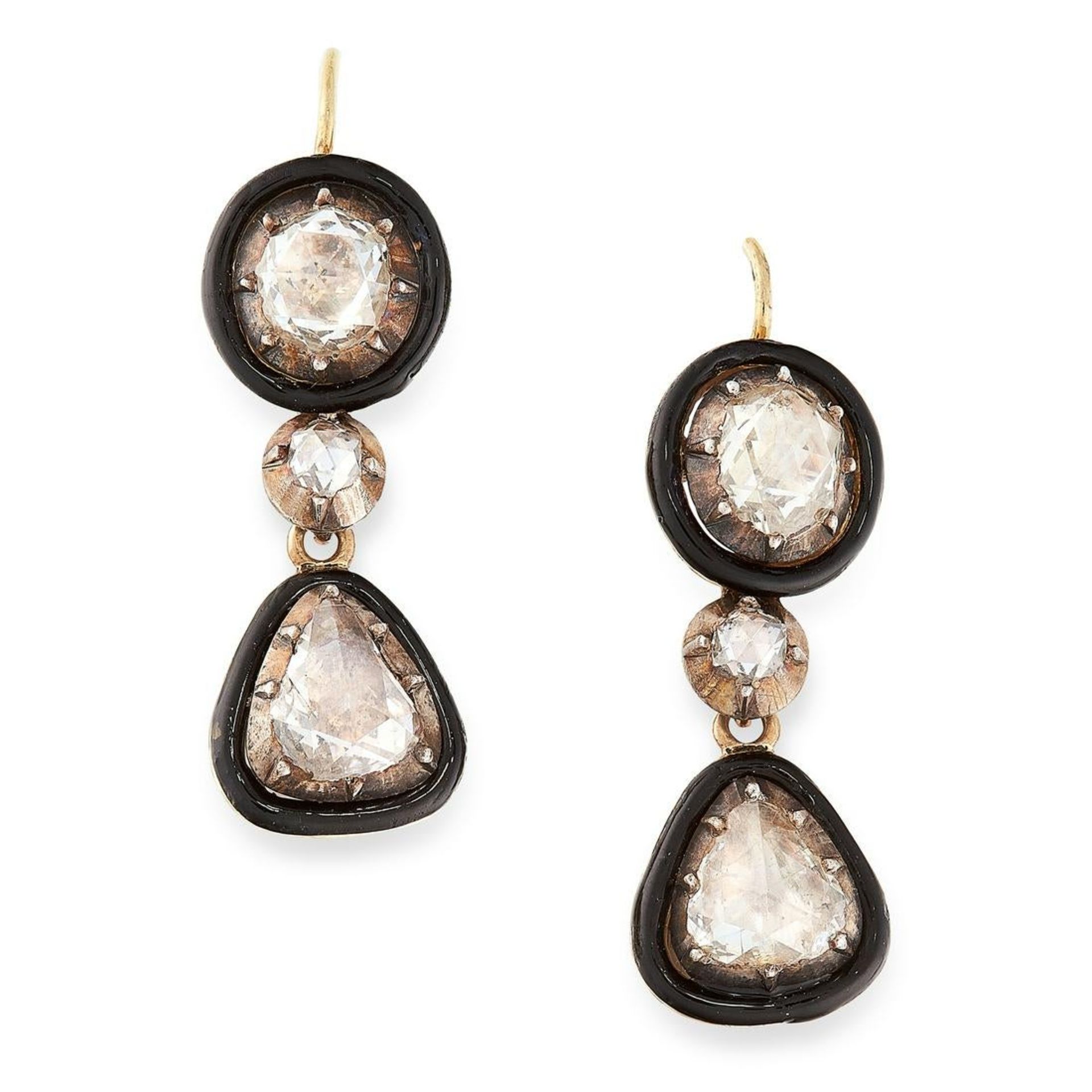 A PAIR OF ANTIQUE DIAMOND AND ENAMEL DROP EARRINGS in high carat yellow gold and silver, each set
