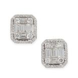 A PAIR OF DIAMOND EARRINGS in 18ct white gold, each set with a cluster of baguette and round cut