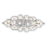 A PEARL AND DIAMOND DOUBLE CLIP BROOCH formed of two clip brooches on a central frame, each of