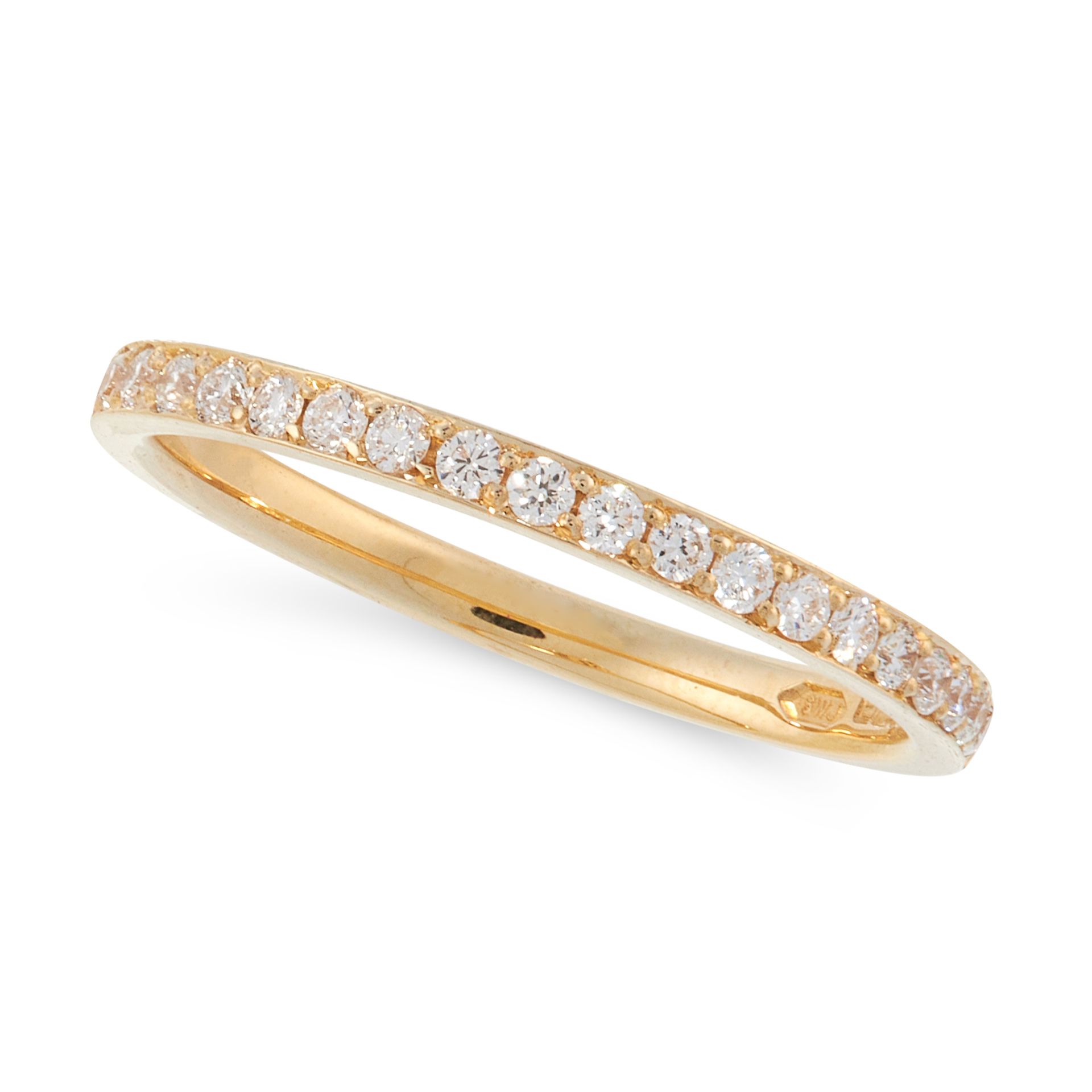 A DIAMOND HALF ETERNITY RING in 18ct yellow gold, half set with round cut diamonds, British