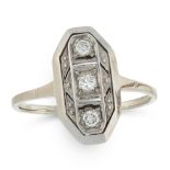 AN ART DECO DIAMOND DRESS RING in 14ct yellow gold, set with a trio of old cut diamonds within an
