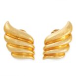 A PAIR OF VINTAGE SHELL CLIP EARRINGS, ZOLOTAS in 18ct yellow gold, each designed as a scrolling