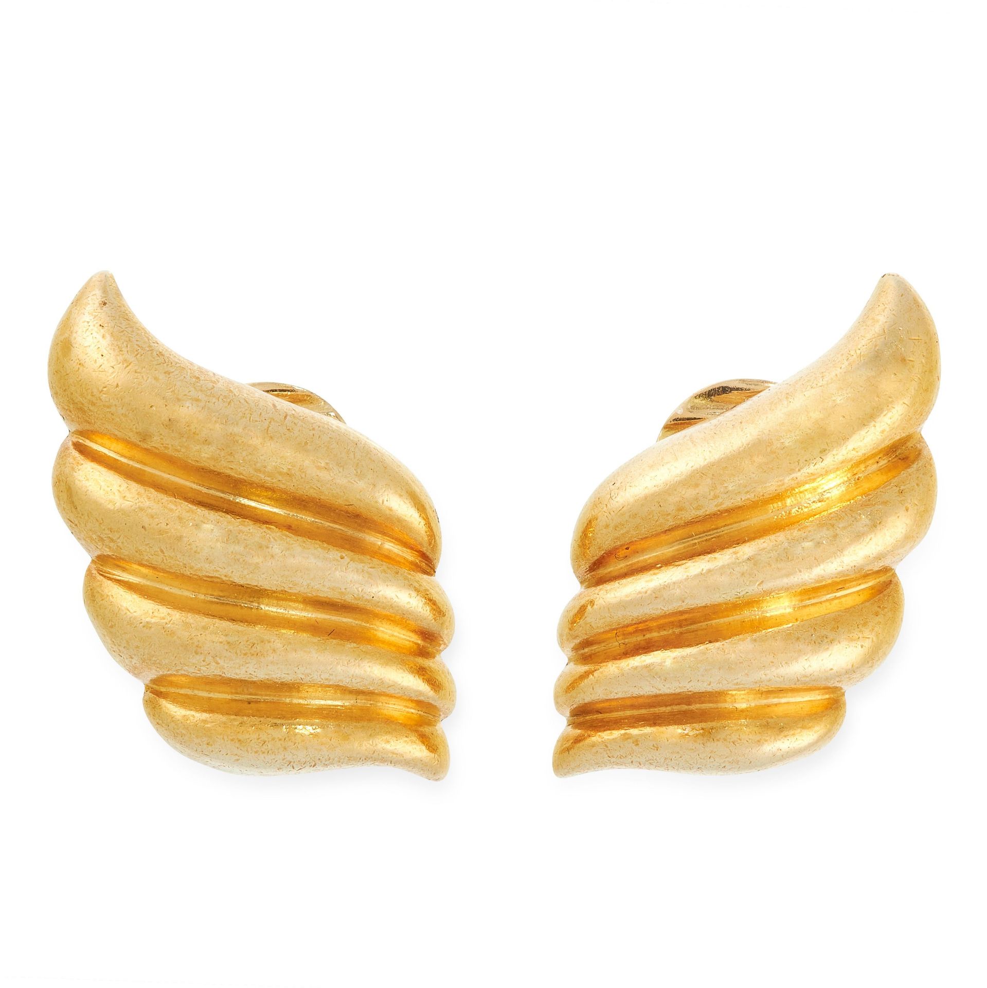 A PAIR OF VINTAGE SHELL CLIP EARRINGS, ZOLOTAS in 18ct yellow gold, each designed as a scrolling