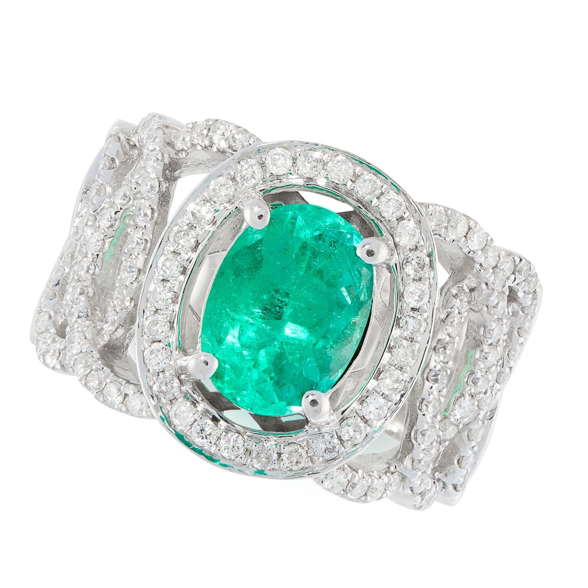 AN EMERALD AND DIAMOND DRESS RING set with an oval cut emerald of 1.72 carats, within a band