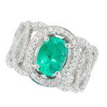 AN EMERALD AND DIAMOND DRESS RING set with an oval cut emerald of 1.72 carats, within a band