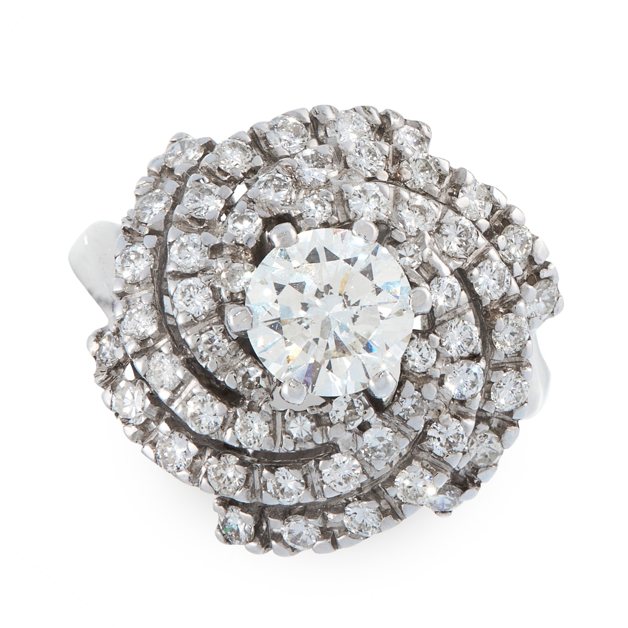 A DIAMOND DRESS RING in 18ct white gold, set with a central round cut diamond of 1.08 carats in a