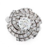 A DIAMOND DRESS RING in 18ct white gold, set with a central round cut diamond of 1.08 carats in a