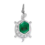 AN EMERALD AND DIAMOND TORTOISE CHARM PENDANT in 18ct white gold, designed as a tortoise, the