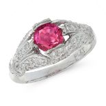 A BURMA NO HEAT RUBY AND DIAMOND RING in platinum, set with a cushion cut ruby of 1.50 carats