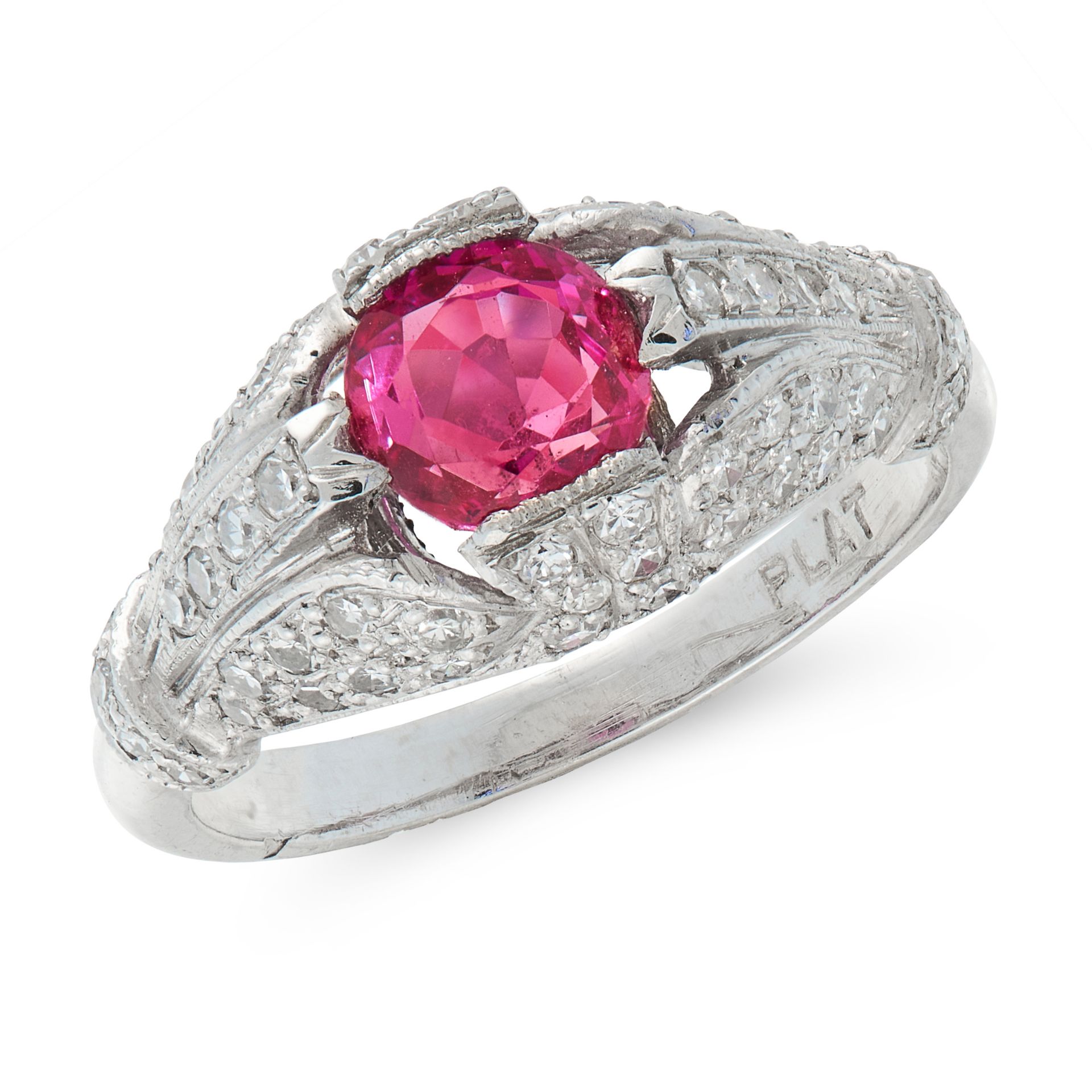 A BURMA NO HEAT RUBY AND DIAMOND RING in platinum, set with a cushion cut ruby of 1.50 carats