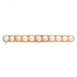 AN ANTIQUE PEARL AND DIAMOND BAR BROOCH, CIRCA 1900 in yellow gold, set with a row of eleven