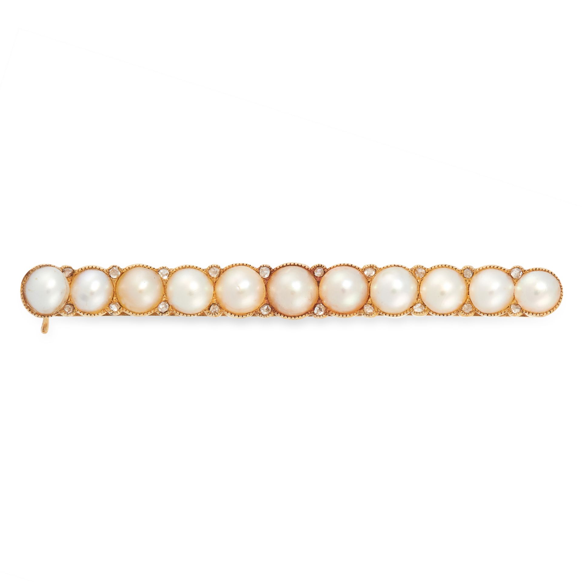 AN ANTIQUE PEARL AND DIAMOND BAR BROOCH, CIRCA 1900 in yellow gold, set with a row of eleven