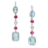 A PAIR OF AQUAMARINE, RUBY AND DIAMOND EARRINGS each set with a rectangular cut and oval cut