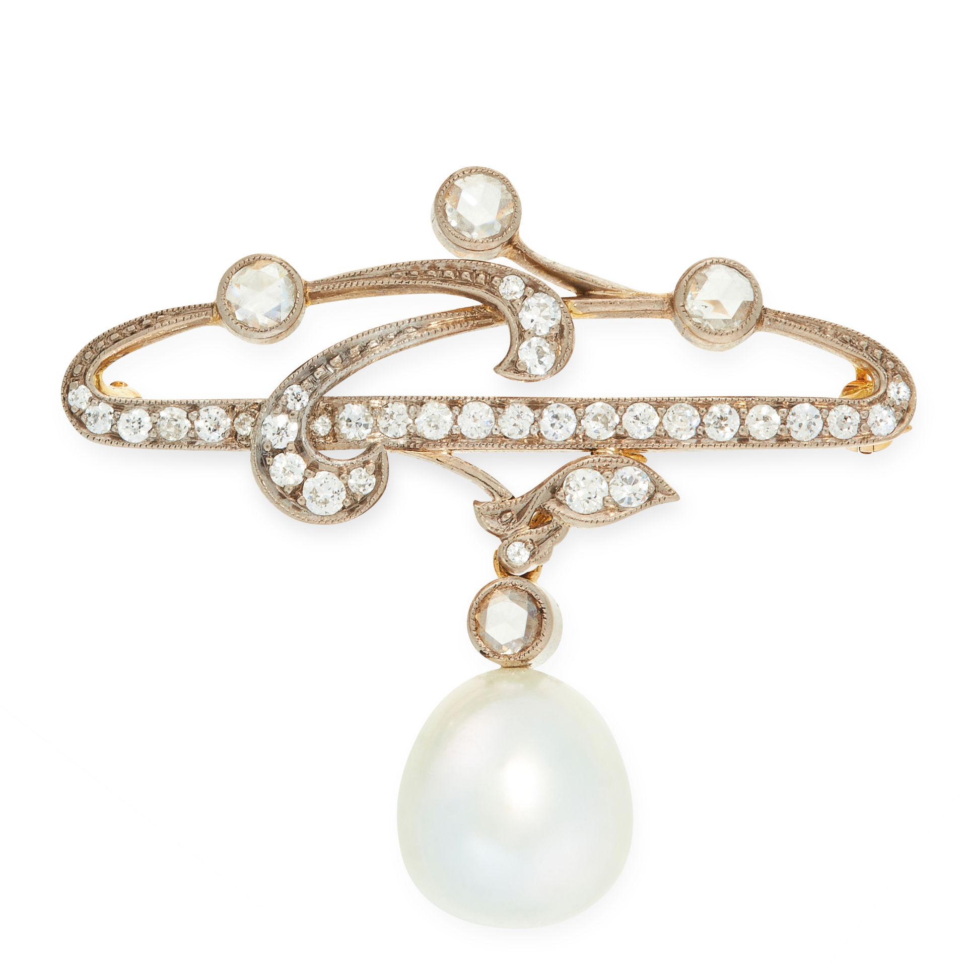 A PEARL AND DIAMOND BROOCH in 18ct yellow and white gold, the Art Nouveau design set with old cut