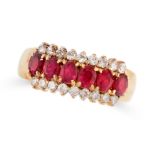 A VINTAGE RUBY AND DIAMOND DRESS RING in 18ct yellow gold, set with a row of six oval cut rubies,