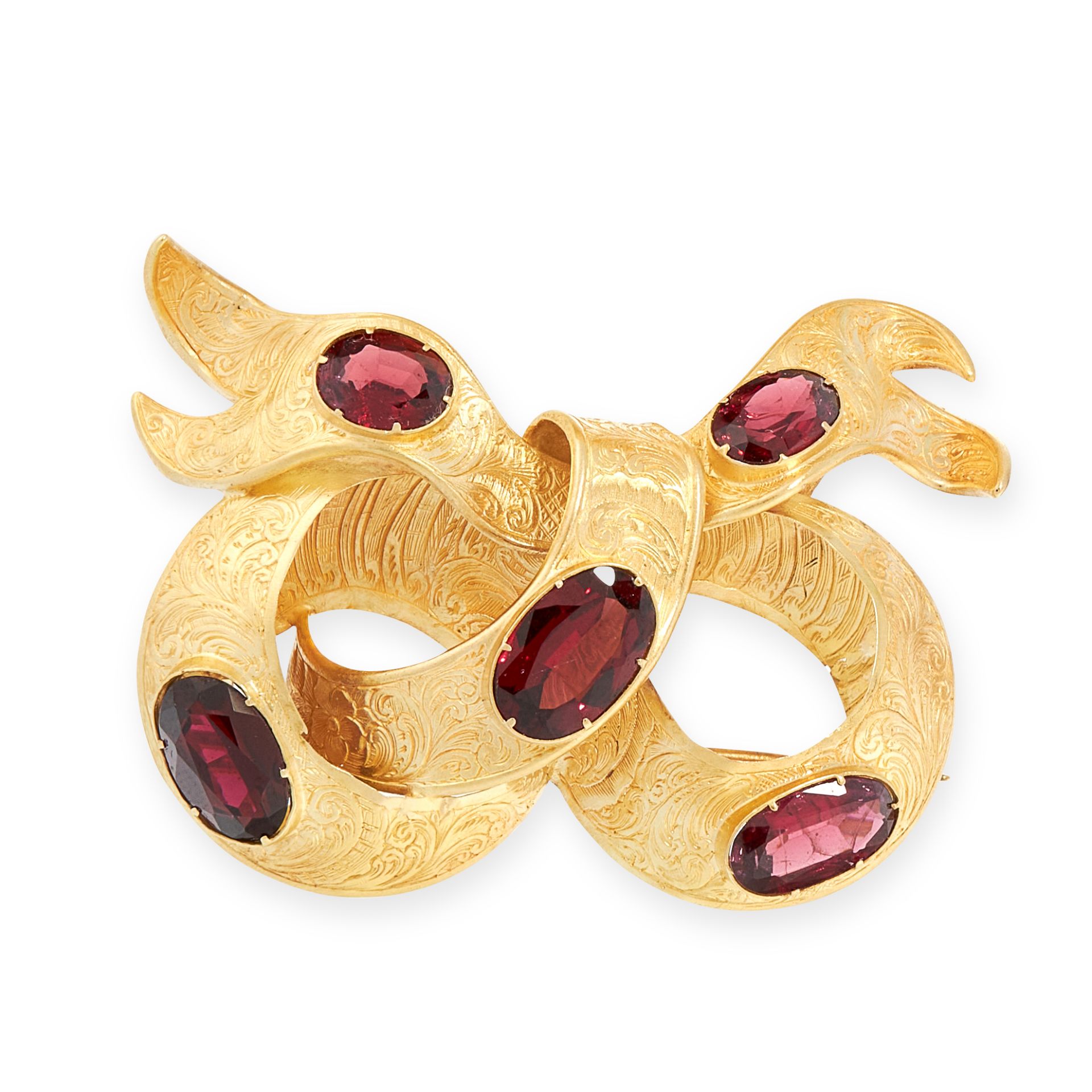 AN ANTIQUE GARNET MOURNING LOCKET BROOCH, 19TH CENTURY in yellow gold, designed as a ribbon tied
