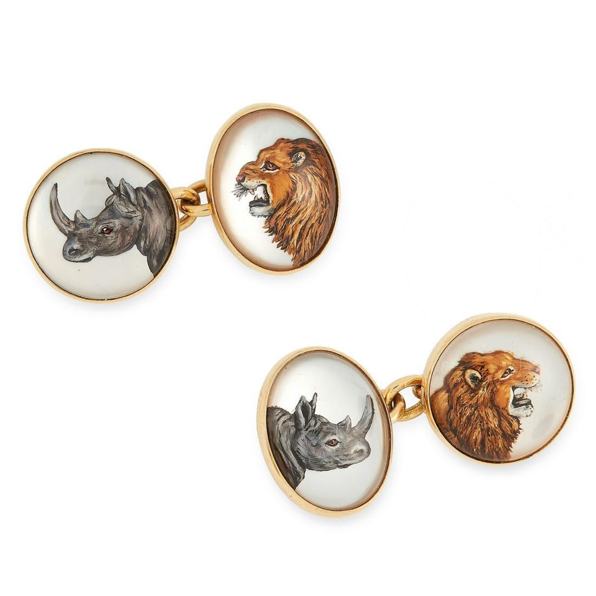 A PAIR OF REVERSE INTAGLIO AFRICAN SAFARI ANIMAL CUFFLINKS, DEAKIN & FRANCIS in 18ct yellow gold,