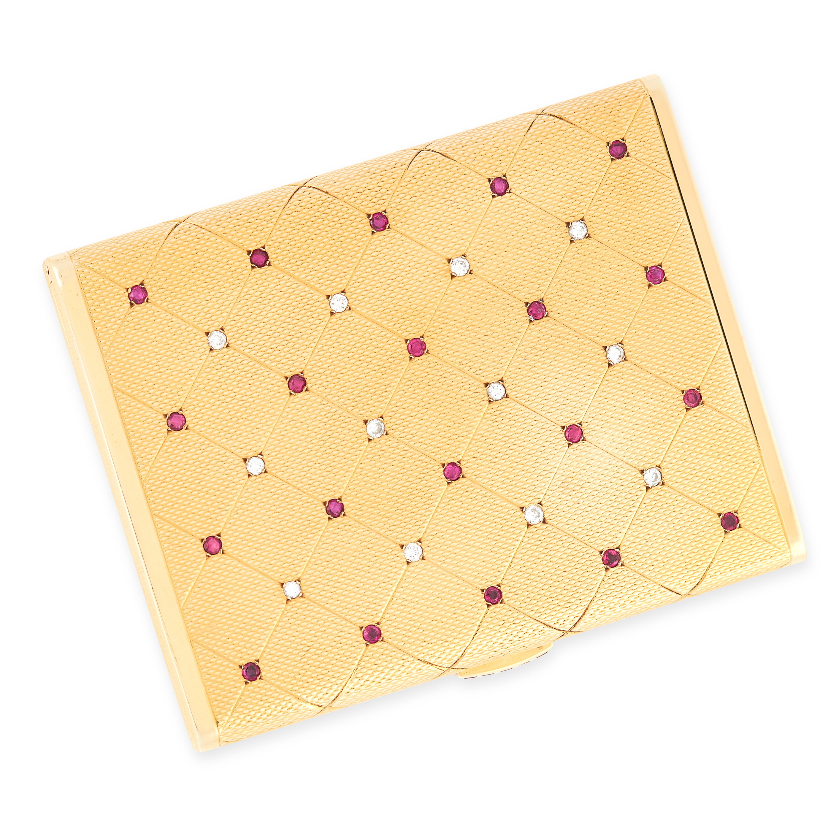 A VINTAGE RUBY AND DIAMOND VANITY CASE in 18ct yellow gold, the rectangular body with textured
