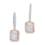 A PAIR OF DIAMOND EARRINGS in 18ct white gold, each set with a cluster of baguette and round cut