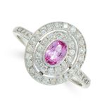 A PINK SAPPHIRE AND DIAMOND DRESS RING in 18ct white gold, set with an oval cut pink sapphire within