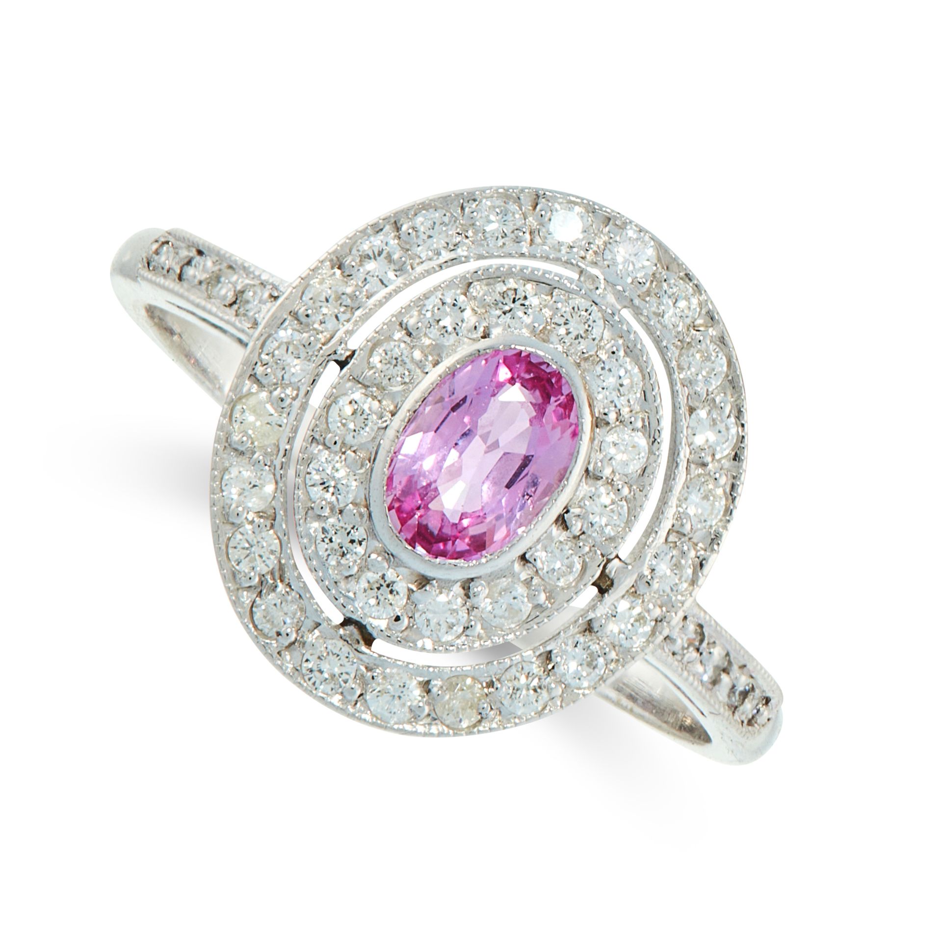 A PINK SAPPHIRE AND DIAMOND DRESS RING in 18ct white gold, set with an oval cut pink sapphire within