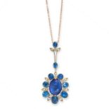 A SAPPHIRE AND DIAMOND PENDANT NECKLACE, EARLY 20TH CENTURY in yellow gold, set with a central