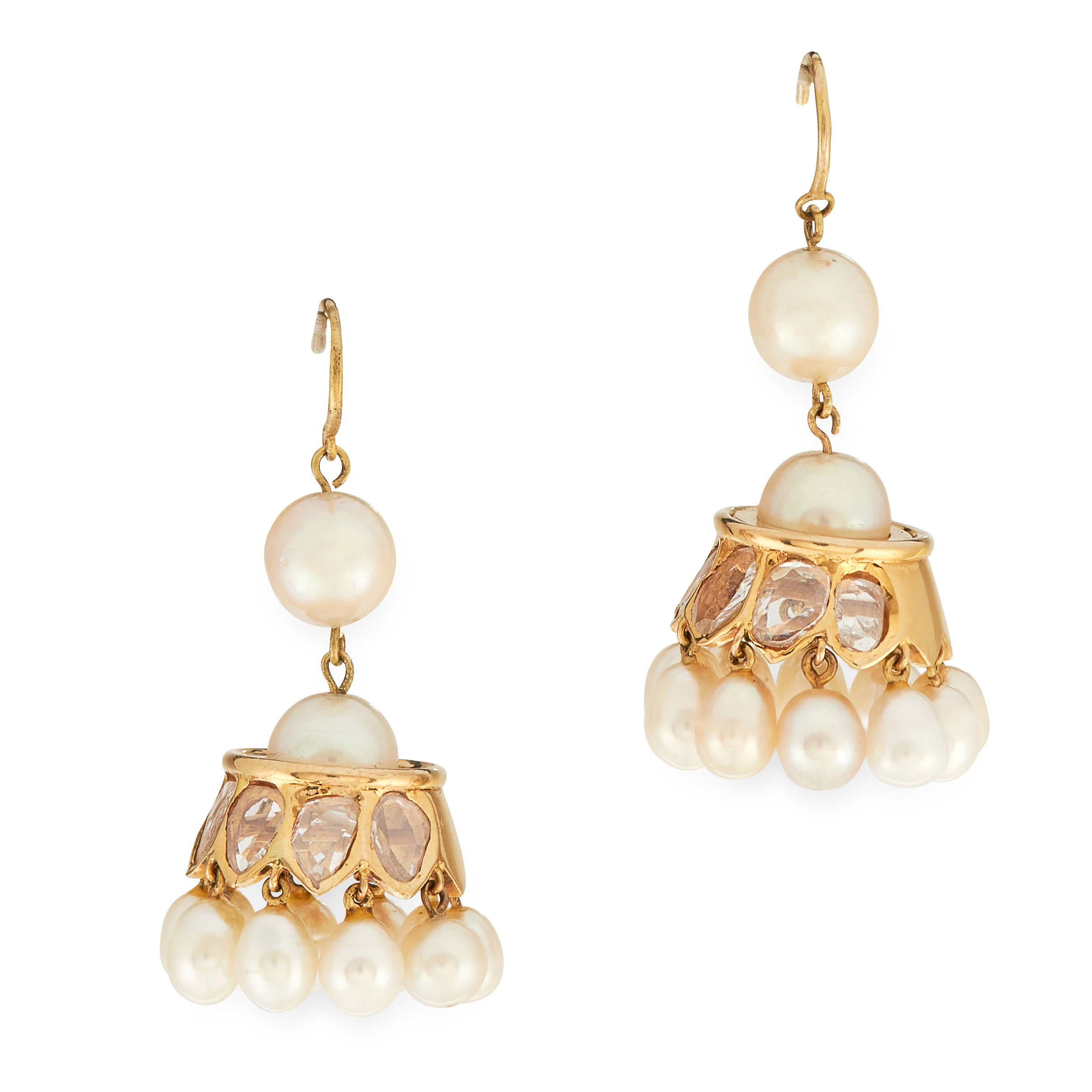 A PAIR OF PEARL AND DIAMOND EARRINGS in yellow gold, each set with rose cut diamonds, suspending