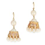 A PAIR OF PEARL AND DIAMOND EARRINGS in yellow gold, each set with rose cut diamonds, suspending