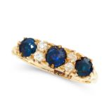 A SAPPHIRE AND DIAMOND DRESS RING, EARLY 20TH CENTURY in 18ct yellow gold, set with a trio of