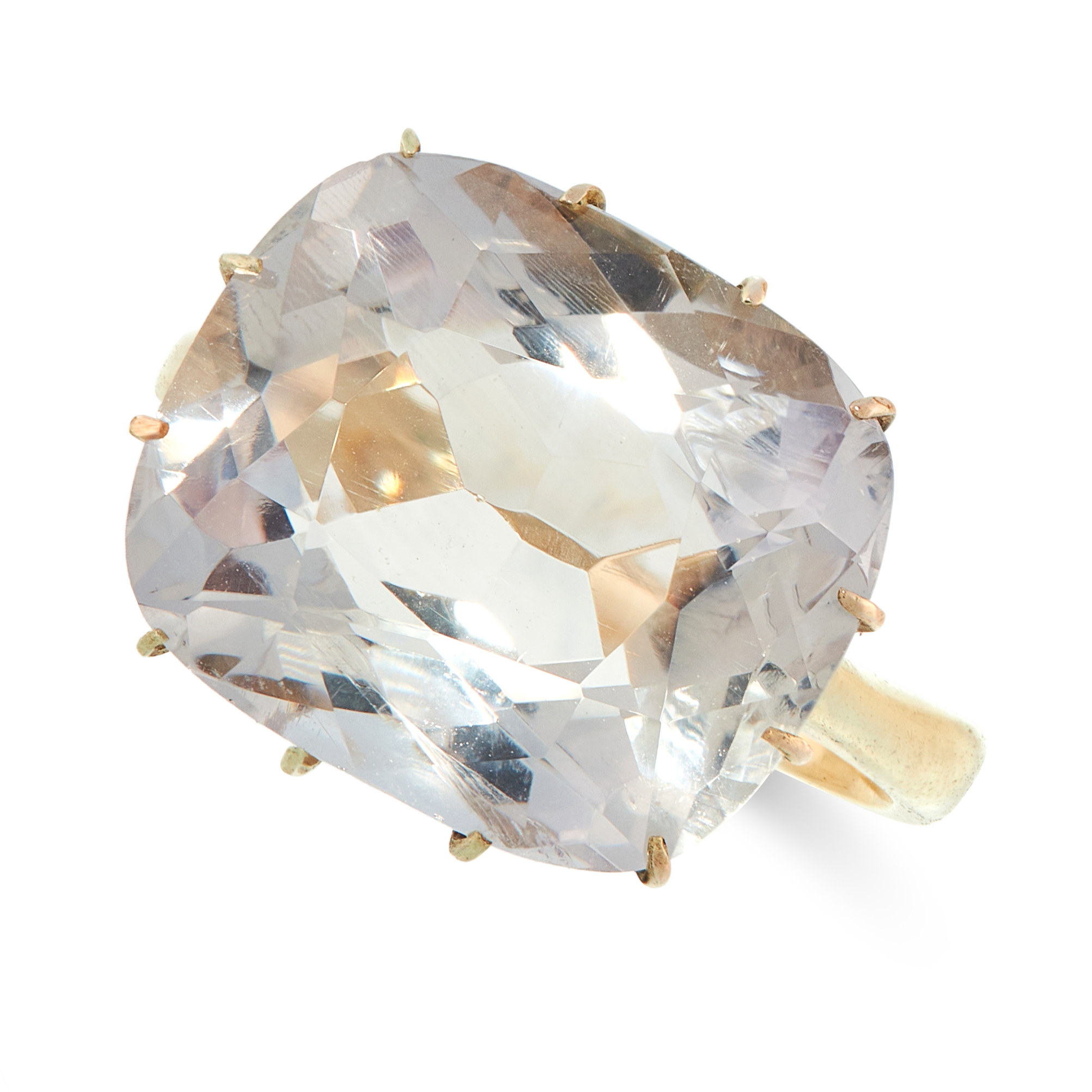 A ROCK CRYSTAL DRESS RING in yellow gold, set with a cushion cut rock crystal, unmarked, size Q / 8,