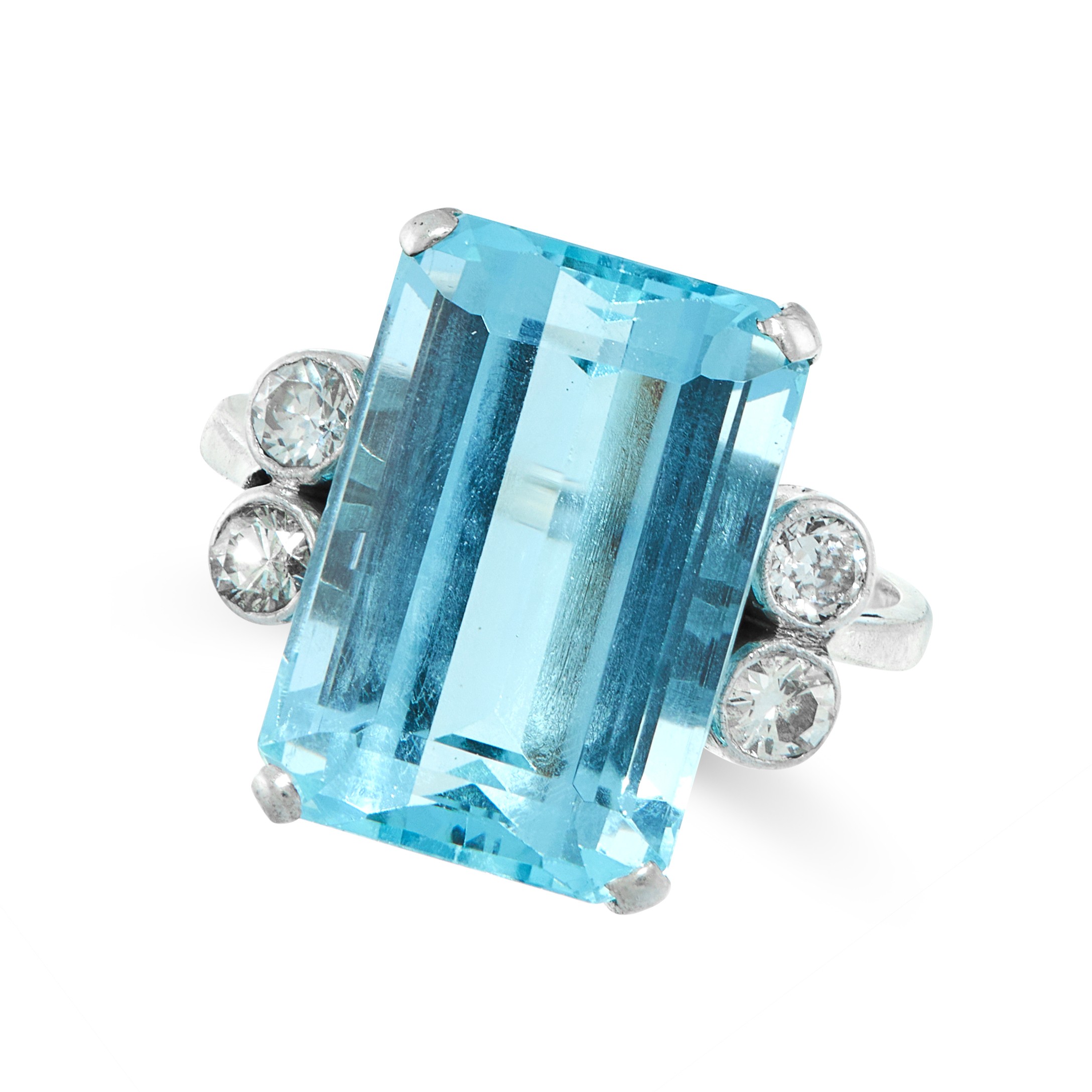 A VINTAGE AQUAMARINE AND DIAMOND DRESS RING set with an emerald cut aquamarine of 11.22 carats,